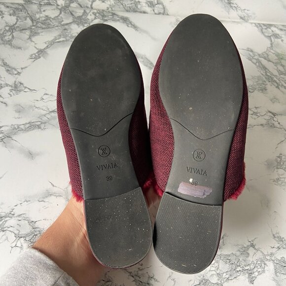 Vivaia Women 39 US 8 Fluffy Patterned Mules Maroon Red Pointed Toe Slip On Shoe - Picture 5 of 6
